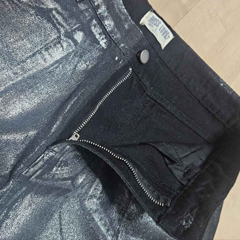 Miss Love The Metallic Jean Denim Wide Leg Pants Black Silver size Large